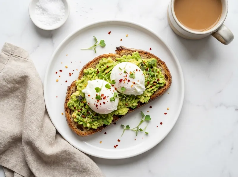 Avocado toast topped with a poached egg