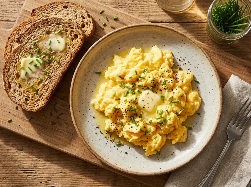 Scrambled eggs with whole grain toast